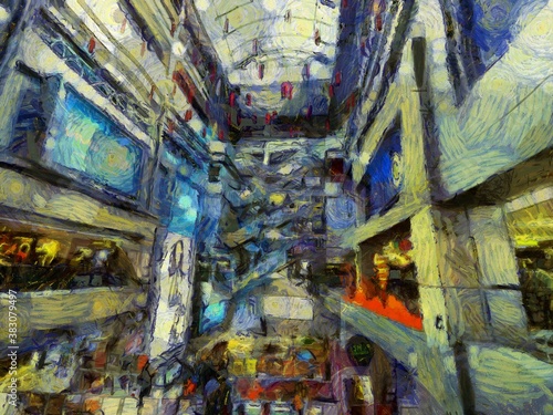 The landscape of the interior of the shopping mall Illustrations creates ant style impressionis of painting. © Kittipong