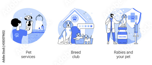 Animal care services abstract concept vector illustration set. Pet services, breed club, rabies and pet, dog walking, grooming salon, dog standard, training service, vaccination abstract metaphor.