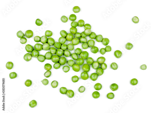 Fresh green peas isolated on white background. top view