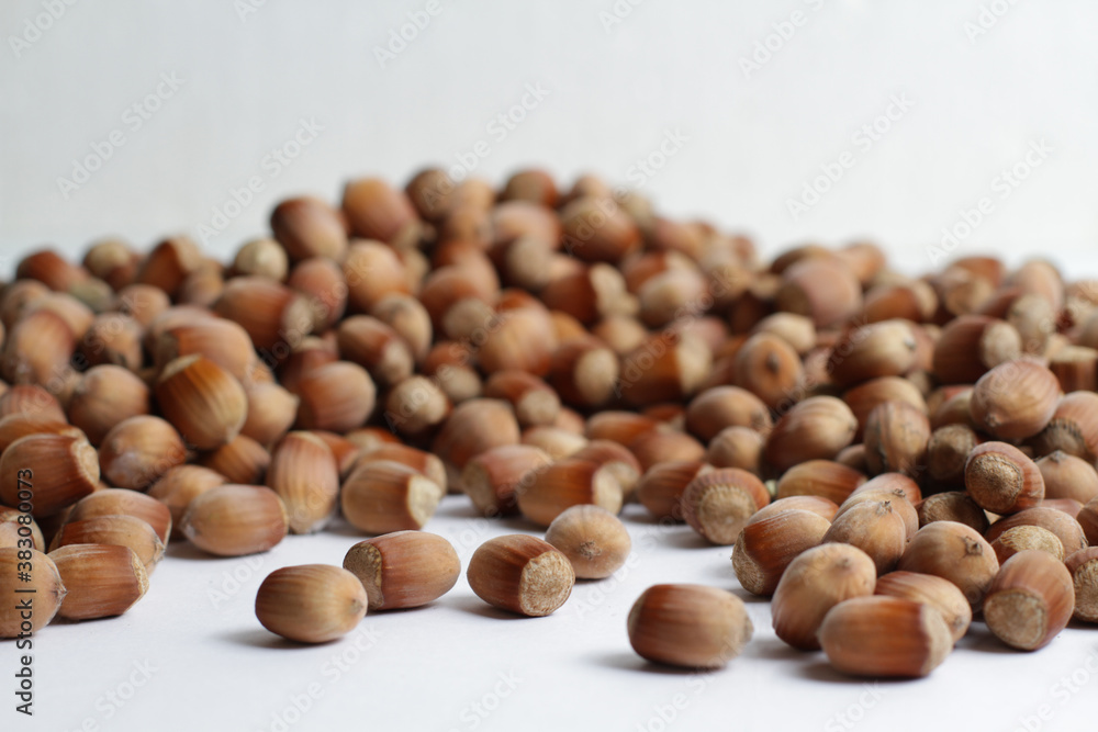 Pile of hazelnuts. Scattered hazelnuts. White background. Pile of hazelnuts. Scattered hazelnuts. White background.