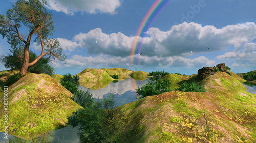 Schilderij op canvas A fantasy computer generated landscape under a bright blue sky with puffy clouds and an rainbow, a lake and hills filled with grass