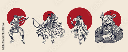 Japanese samurai and red sun. Warriors with weapons sketch. Men in a fight pose. Hand drawn vintage sketches. Vector illustration in monochrome style.