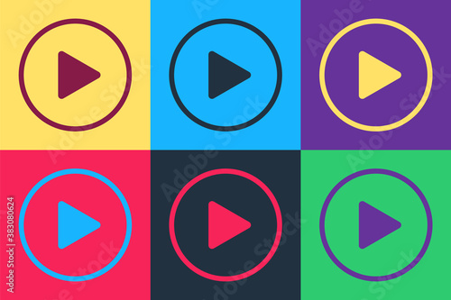 Pop art Play icon isolated on color background. Vector.