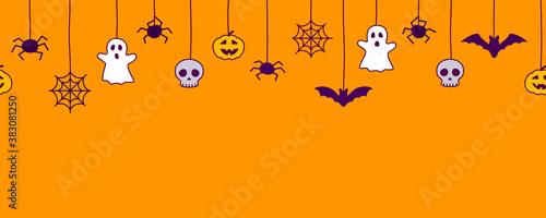 Happy Halloween seamless banner or border with black bats, spider web, ghost  and pumpkins. Vector illustration party invitation orange background