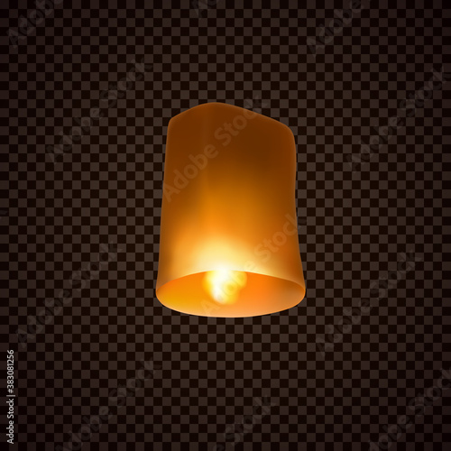 Lantern isolated on transparent background. Diwali festival floating lamp. Vector indian paper flying light ballon with flame at night sky