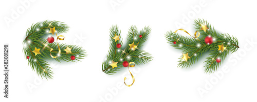 Fir branches with gold stars, lights isolated on white background. Pine, xmas evergreen plants elements. Vector Christmas tree green decoration set.