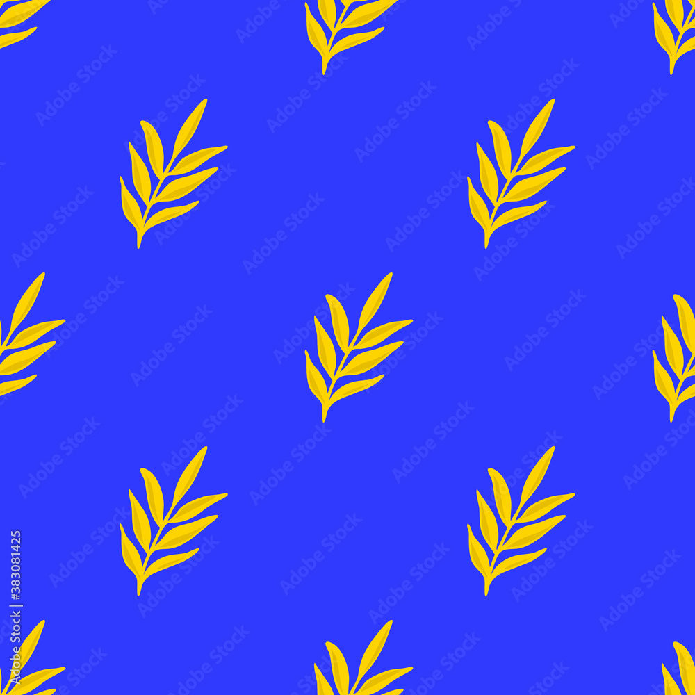 Fototapeta premium Yellow autumn leaves on a blue background. Seamless pattern for fabric, textiles, Wallpaper, cover, wrapping paper, etc. Flat vector illustration, cartoon style.