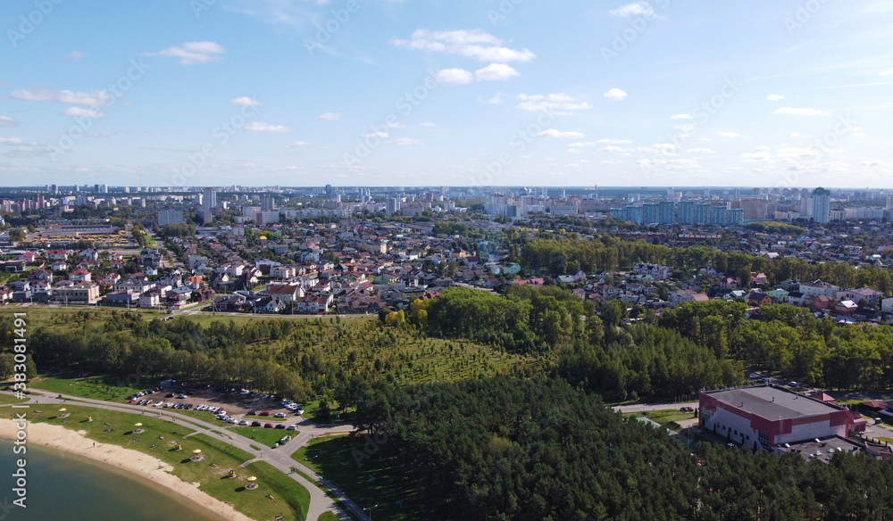 Beautiful top view of the suburb of the city with a park