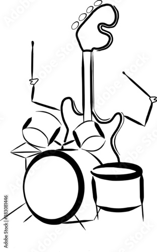 Digital freehand drawing in black and white representing an electric bass playing a drum set