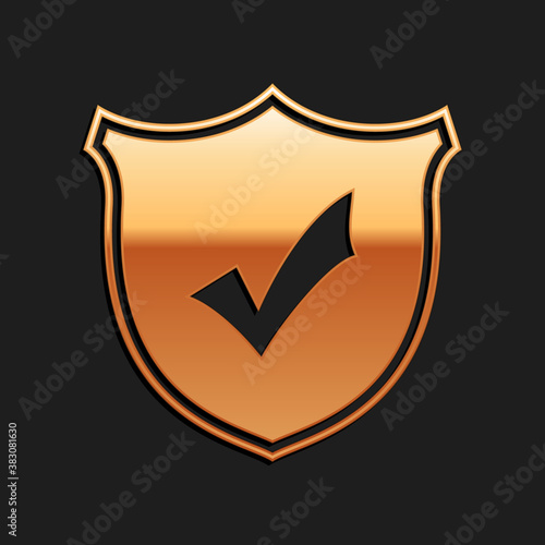 Gold Shield with check mark icon isolated on black background. Protection symbol. Security check Icon. Tick mark approved icon. Long shadow style. Vector.