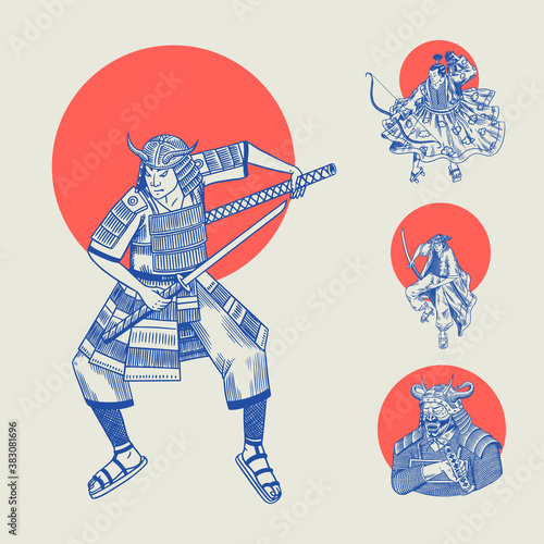 Japanese samurai and red sun. Warriors with weapons sketch. Men in a fight pose. Hand drawn vintage sketches. Vector illustration in monochrome style.