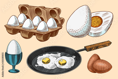 Frying pan with fried eggs and scrambled omelette, Shell and yolk. Farm product. Engraved hand drawn vintage sketch. Woodcut style. Vector illustration for menu or poster.