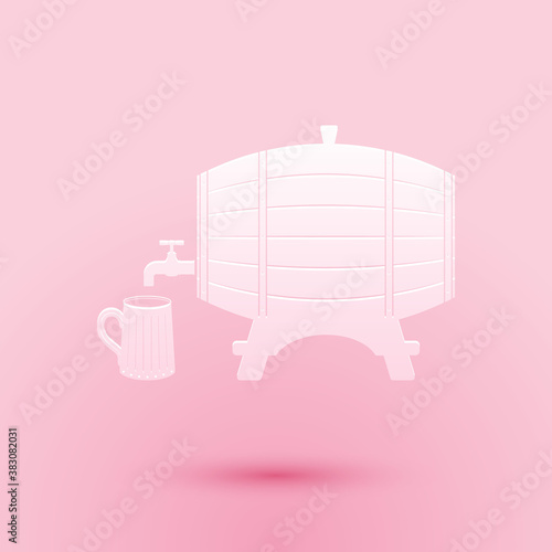 Paper cut Wooden barrel on rack with stopcock and wooden beer mug icon isolated on pink background. Paper art style. Vector.