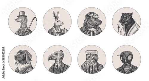 Grizzly Bear with a beer mug. Octopus sailor and Hare or Rabbit waiter. Dog officer and bird. Black panther and Bee biker. Japanese text means: karate. Fashion animal character. Hand drawn sketch.