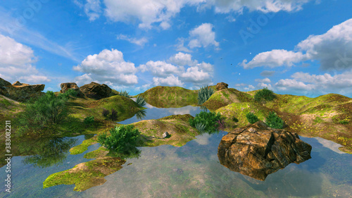 Foto A fantasy computer generated landscape under a bright blue sky with puffy clouds, a lake and hills filled with grass