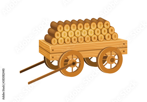 Wooden cart with firewood. Logs, boards for the forest lumber industry, farming, for everyday life, gardening vector