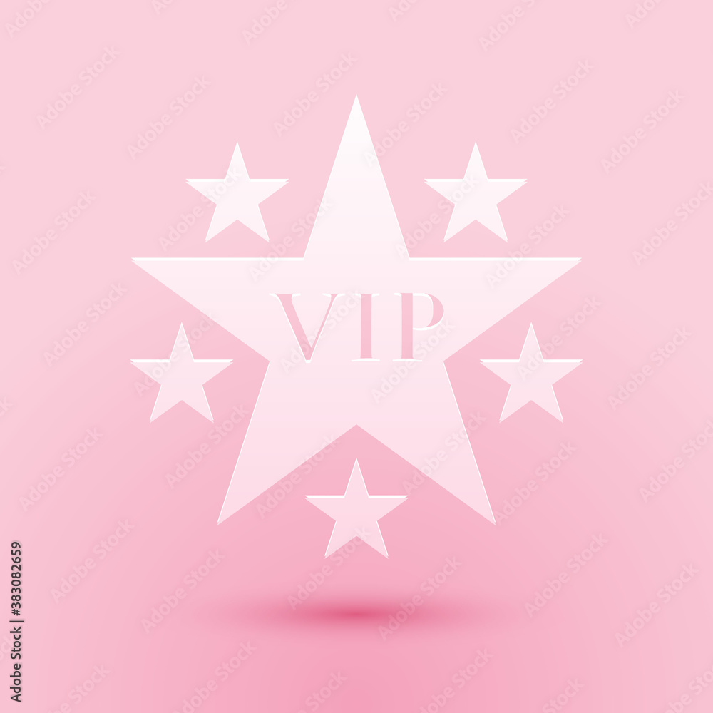 Paper cut Star VIP with circle of stars icon isolated on pink background. Paper art style. Vector.