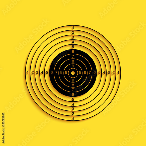 Black Target sport for shooting competition icon isolated on yellow background. Clean target with numbers for shooting range or pistol shooting. Long shadow style. Vector.
