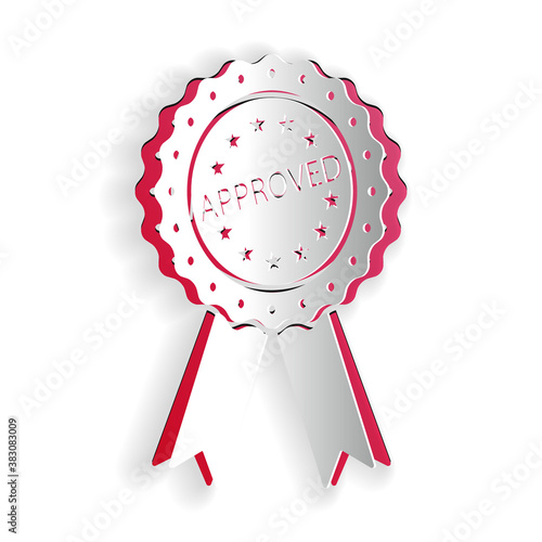 Paper cut Approved or certified medal badge with ribbons icon isolated on white background. Approved seal stamp sign. Paper art style. Vector.