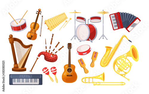 Set various musical metal wood acoustic instruments: violin, tambourine, harp, trombone, bagpipe, saxophone, accordion, guitar, drum, tambourine, synthesizer, bagpipes, maracas, rumba vector