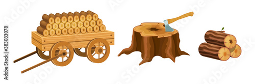 Wood industry material tools and products, sawn logs, wooden cart with firewood, tree stump with axe. Logs, boards for the forest lumber industry and farming cartoon vector