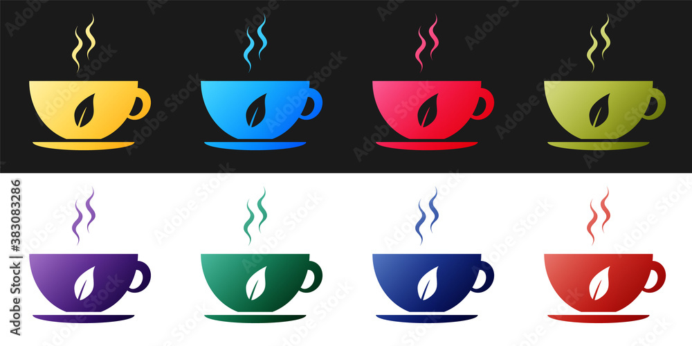 Set Cup of tea and leaf icon isolated on black and white background. Vector. Set Cup of tea and leaf icon isolated on black and white background. Vector.