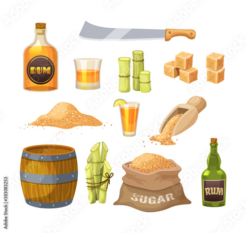Fresh cane sugar with stem and leaf plants set. Sugarcane plants, cane sugar lumps and cube, glass bottles of rum, bamboo, rum alcoholic liquid. Natural organic alcohol industry food vector