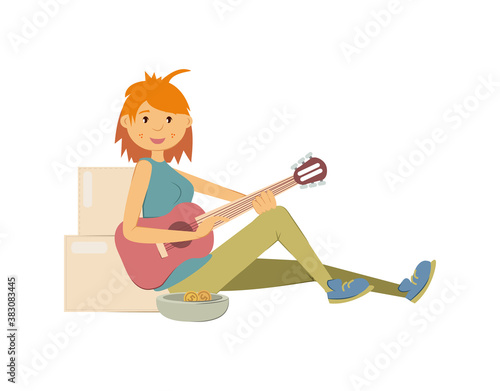 Homeless people concept. Young woman begging money and needing help. Homeless unemployment young girl sitting among the boxes, making money by playing guitar on street isolated vector