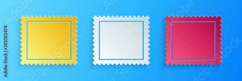 Paper cut Postal stamp icon isolated on blue background. Paper art style. Vector.