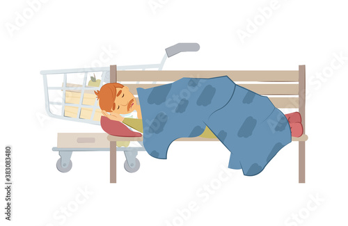 Homeless people concept. Elderly man needing help. Elderly homeless unemployment vagabond man sleeping on a bench in the street wrapped in a cloth isolated vector