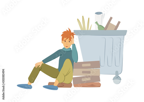 Homeless people concept. Young man begging money and needing help. Homeless guy, tramp, sits on the street among mountains of garbage and a dumpster isolated vector