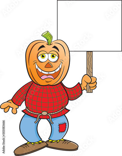Cartoon illustration of a scarecrow with a pumpkin for a head holding a sign.