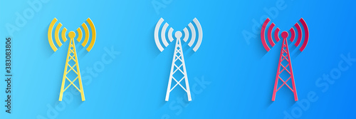 Paper cut Antenna icon isolated on blue background. Radio antenna wireless. Technology and network signal radio antenna. Paper art style. Vector.