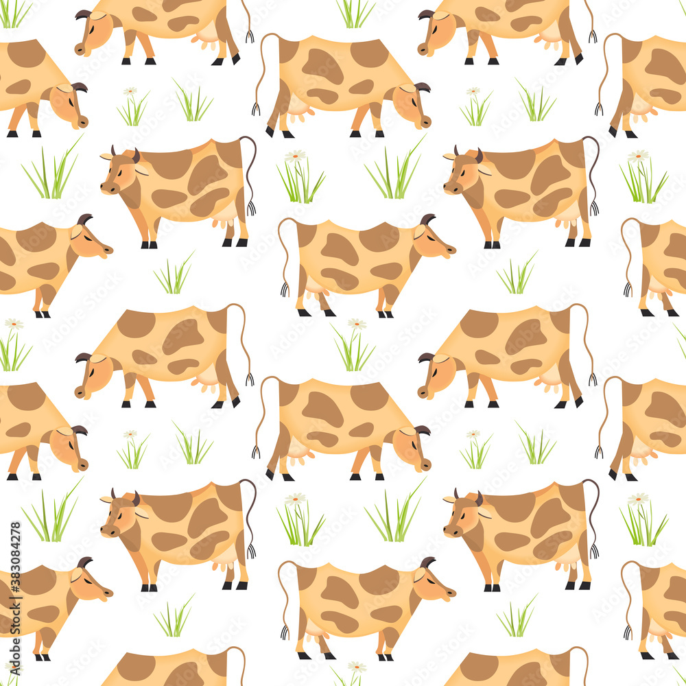 Fototapeta premium Quirky cows grazing grass seamless pattern