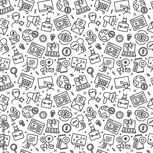 Business marketing seamless pattern with thin line icons: digital marketing, online shopping, advertising, social media, e-mail marketing, vlogging, feedback, strategy, briefcase. Vector illustration.