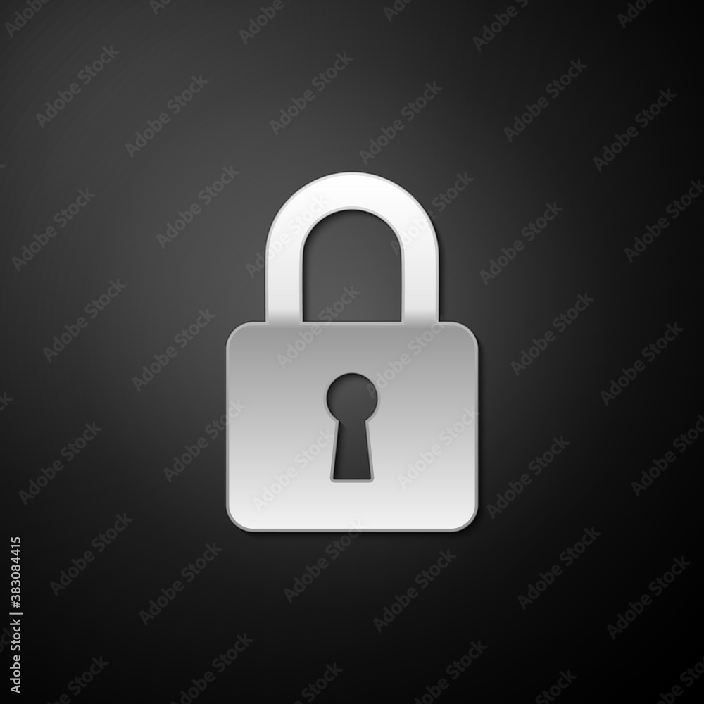 Silver Lock icon isolated on black background. Padlock sign. Security, safety, protection, privacy concept. Long shadow style. Vector. Silver Lock icon isolated on black background. Padlock sign. Security, safety, protection, privacy concept. Long shadow style. Vector.