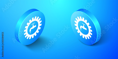 Isometric Gearwheel with tap icon isolated on blue background. Plumbing work symbol. Blue circle button. Vector.