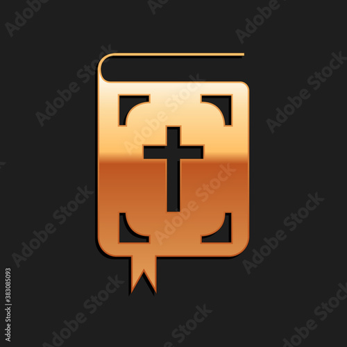 Gold Bible book icon isolated on black background. Holy Bible book sign. Long shadow style. Vector.