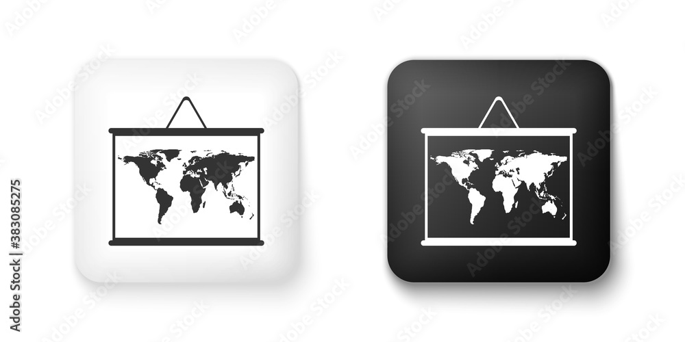 Fototapeta premium Black and white World map on a school blackboard icon isolated on white background. Drawing of map on chalkboard. Square button. Vector.