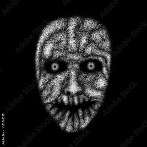Scary weird face or mask on a black background, digital painting, concept for suspense and horror.