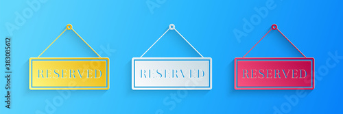 Paper cut Hanging sign with text Reserved sign icon isolated on blue background. Business theme for cafe or restaurant. Paper art style. Vector.