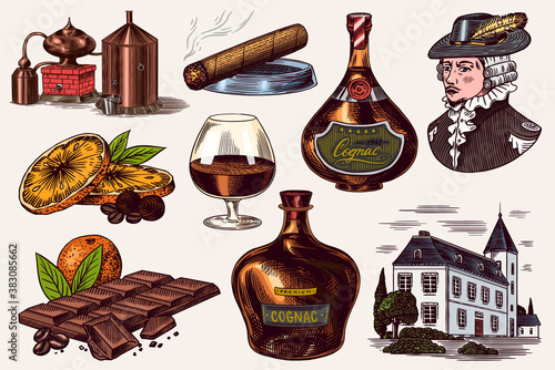 Cognac and hand with glass, bottles with labels, cigar and cocktail, sweets and farm, chocolate and man. Engraved hand drawn vintage sketch. Woodcut style. Vector illustration for menu or poster.