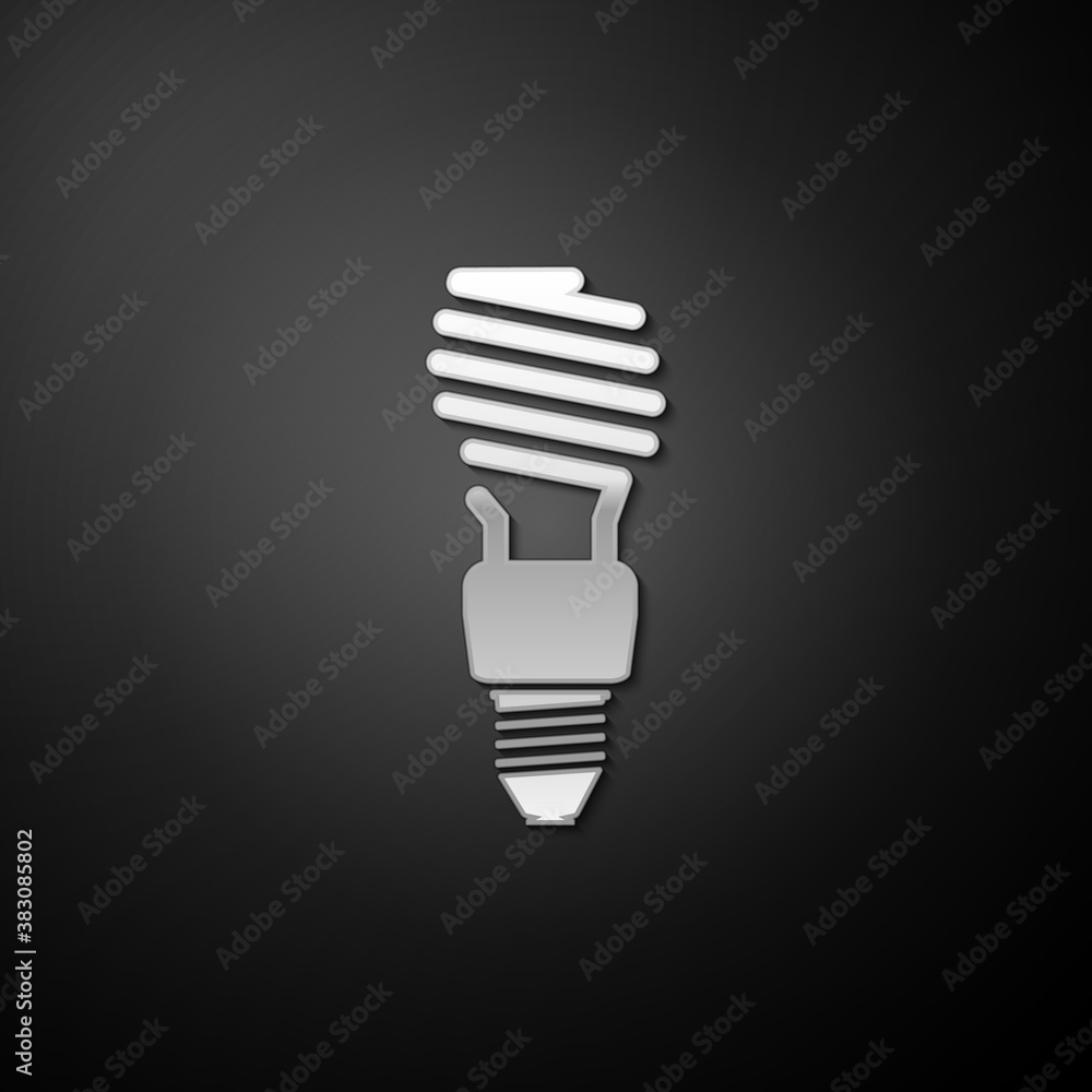 Silver Energy saving light bulb icon isolated on black background. Long shadow style. Vector. Silver Energy saving light bulb icon isolated on black background. Long shadow style. Vector.