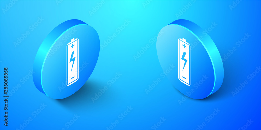 Isometric Battery icon isolated on blue background. Lightning bolt symbol. Blue circle button. Vector. Isometric Battery icon isolated on blue background. Lightning bolt symbol. Blue circle button. Vector.