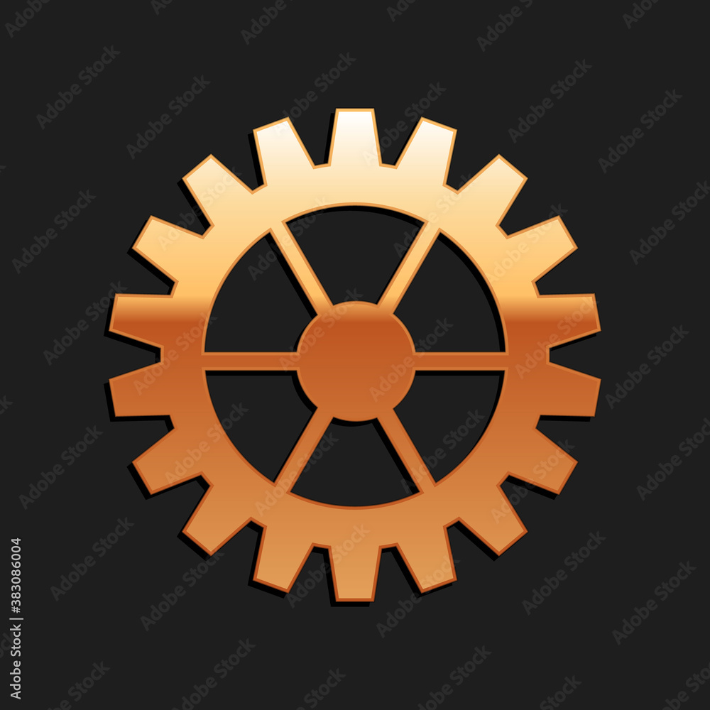 Gold Gear icon isolated on black background. Cogwheel gear settings sign. Cog symbol. Long shadow style. Vector.