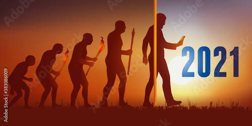 Cette carte de vœux reprend la théorie de l’évolution de Darwin en aboutissant au temps modernes et l’homme d’aujourd’hui qui tient un smartphone dans sa main.