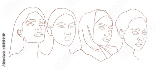 Beautiful women of different cultures, multi-ethnic. African, Asian, girl in hijab standing together. Vector illustration, portrait in a modern minimalist style. Simple line drawing. Logo, postcard