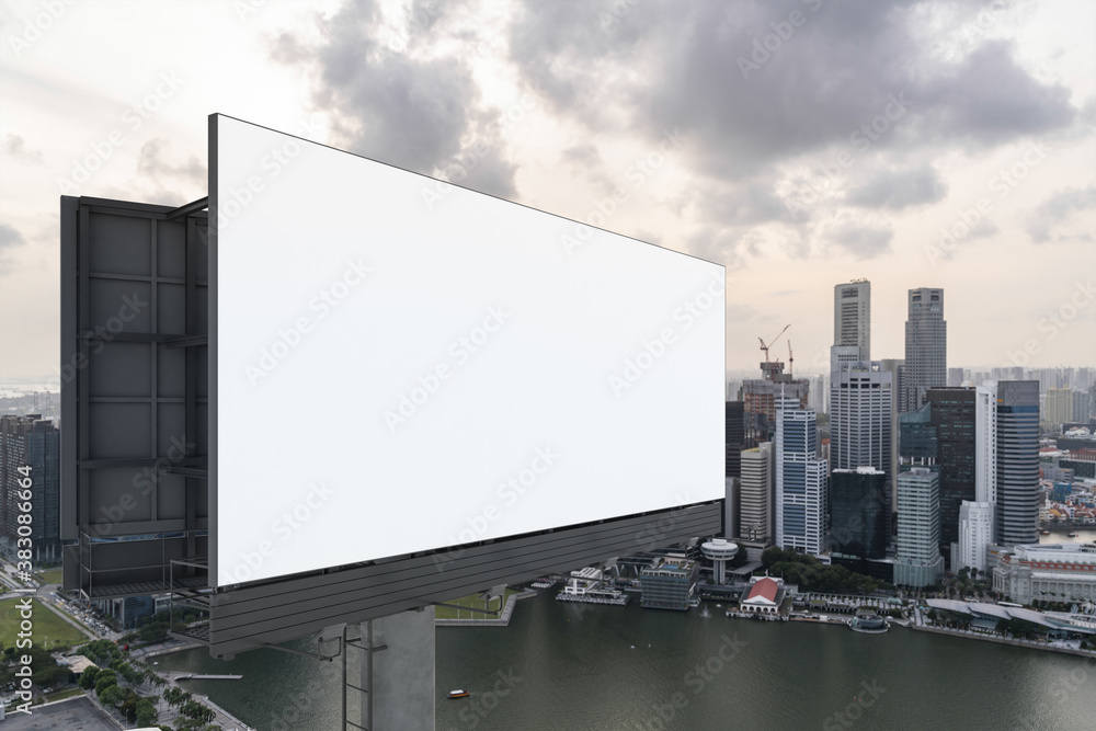 Blank white road billboard with Singapore cityscape background at sunset. Street advertising poster, mock up, 3D rendering. Side view. The concept of marketing communication to sell idea. Blank white road billboard with Singapore cityscape background at sunset. Street advertising poster, mock up, 3D rendering. Side view. The concept of marketing communication to sell idea.