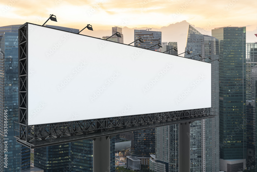 Fototapeta premium Blank white road billboard with Singapore cityscape background at sunset. Street advertising poster, mock up, 3D rendering. Side view. The concept of marketing communication to sell idea.