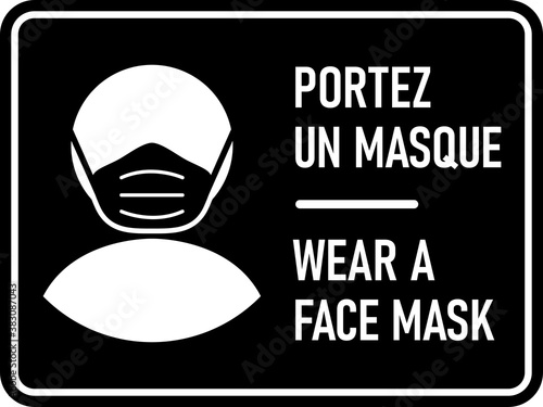 Bilingual French and English Horizontal Warning Sign with Phrases "Portez Un Masque" and "Wear a Face Mask". Vector Image.